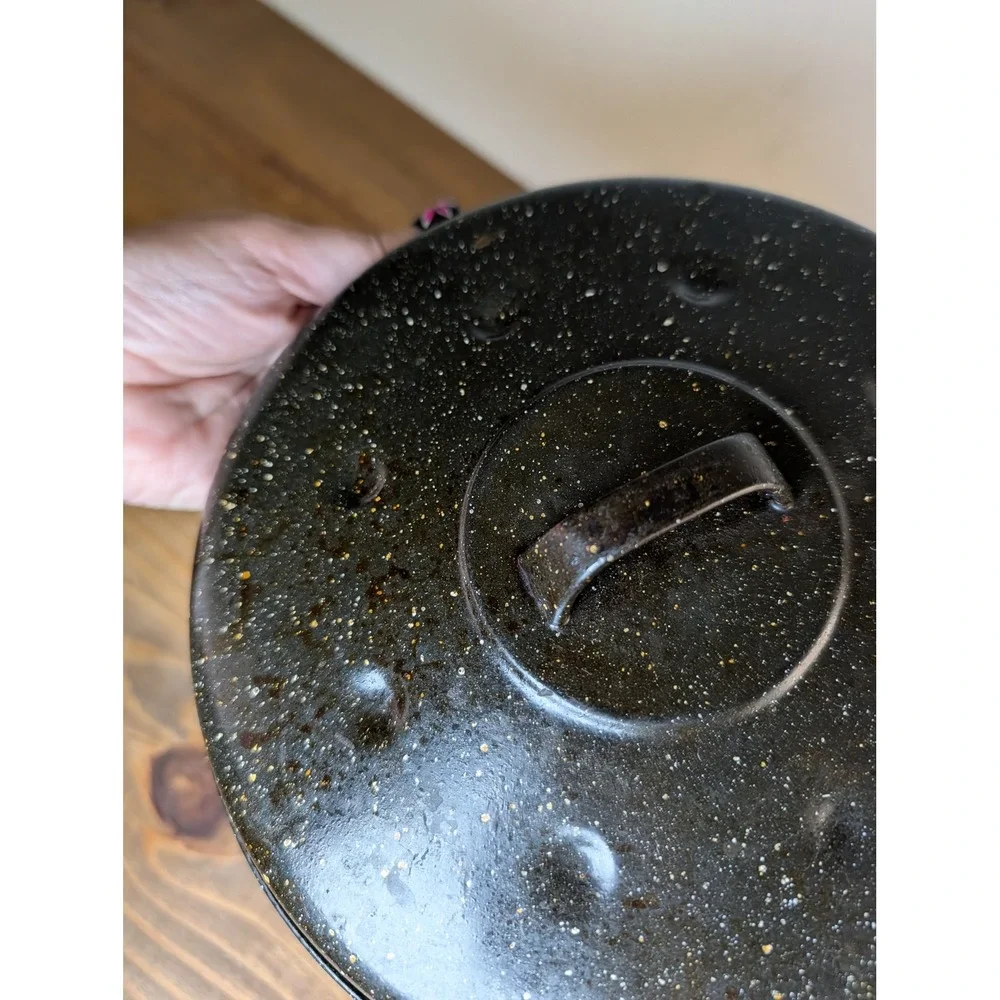 Vintage Black Speckled Enamelware Round Roasting Pan with Lid Steamer Insert 10
